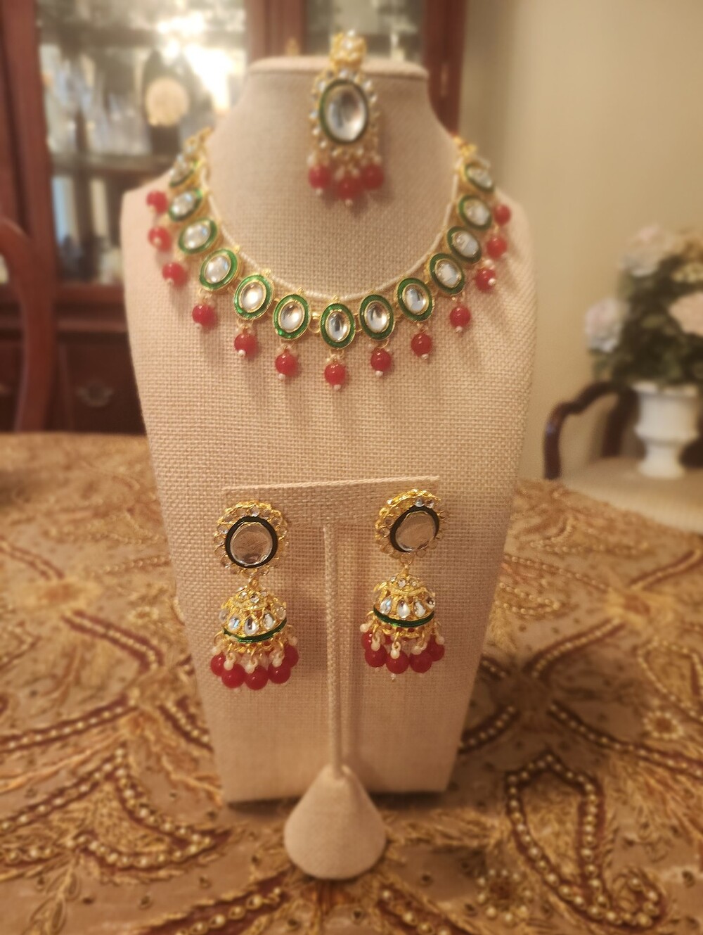 India Boutique Gold Kundan Necklace Set with Green Enamel and Red Beads